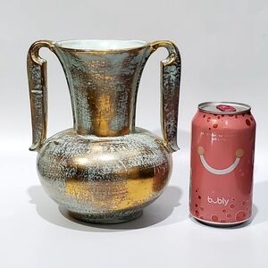 MCM 7.5" Stangl 22k Antiqued Gold Light Blue Brushed Art Deco Vase #3103